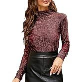 LONGBIDA Women's Slim fit Long Sleeve Turtleneck Glitter Tee Blouse Tops