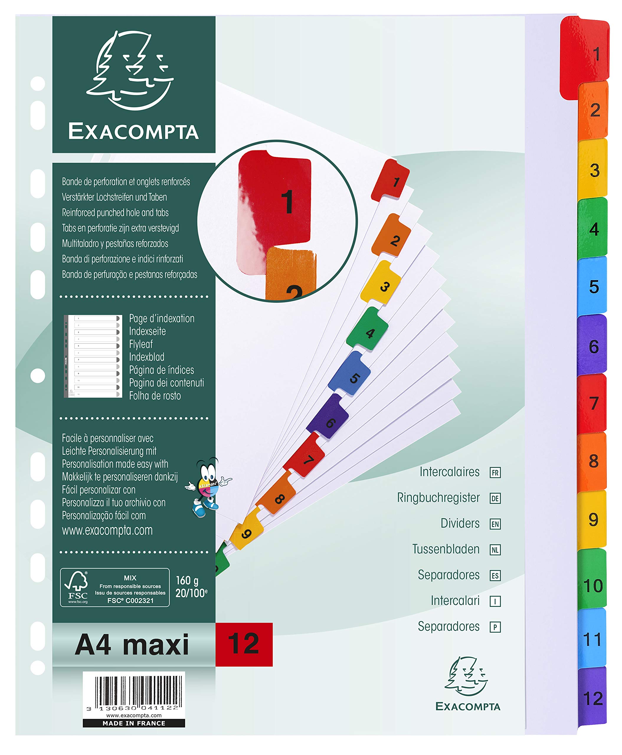 Exacompta - Ref 4112E - Mylar Printed Indices - For Use With A4+ Documents, Pre-Punched, 160gsm White Card with Reinforced Plastic Tabs, FSC-Certified - 12-Part Dividers (1-12)