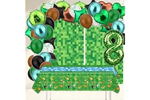 Pixel Birthday Party Decorations, Green Black Foil & Latex Balloons with Tablecloth Fringe Curtains & Large Number 8 Arch Bal