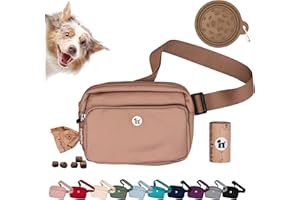 Puppington 3-in-1 Crossbody Bag & Dog Treat Pouch for Pet Training - Matching Compostable Poop Bags, Built-In Poop Bag Dispenser & Slow-Feeding Travel Dog Bowl - Dog Walking Bag (Latte Beige)