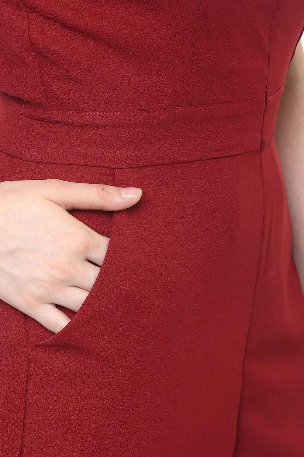 miss chase women's maroon sleeveless round neck solid straight jumpsuit