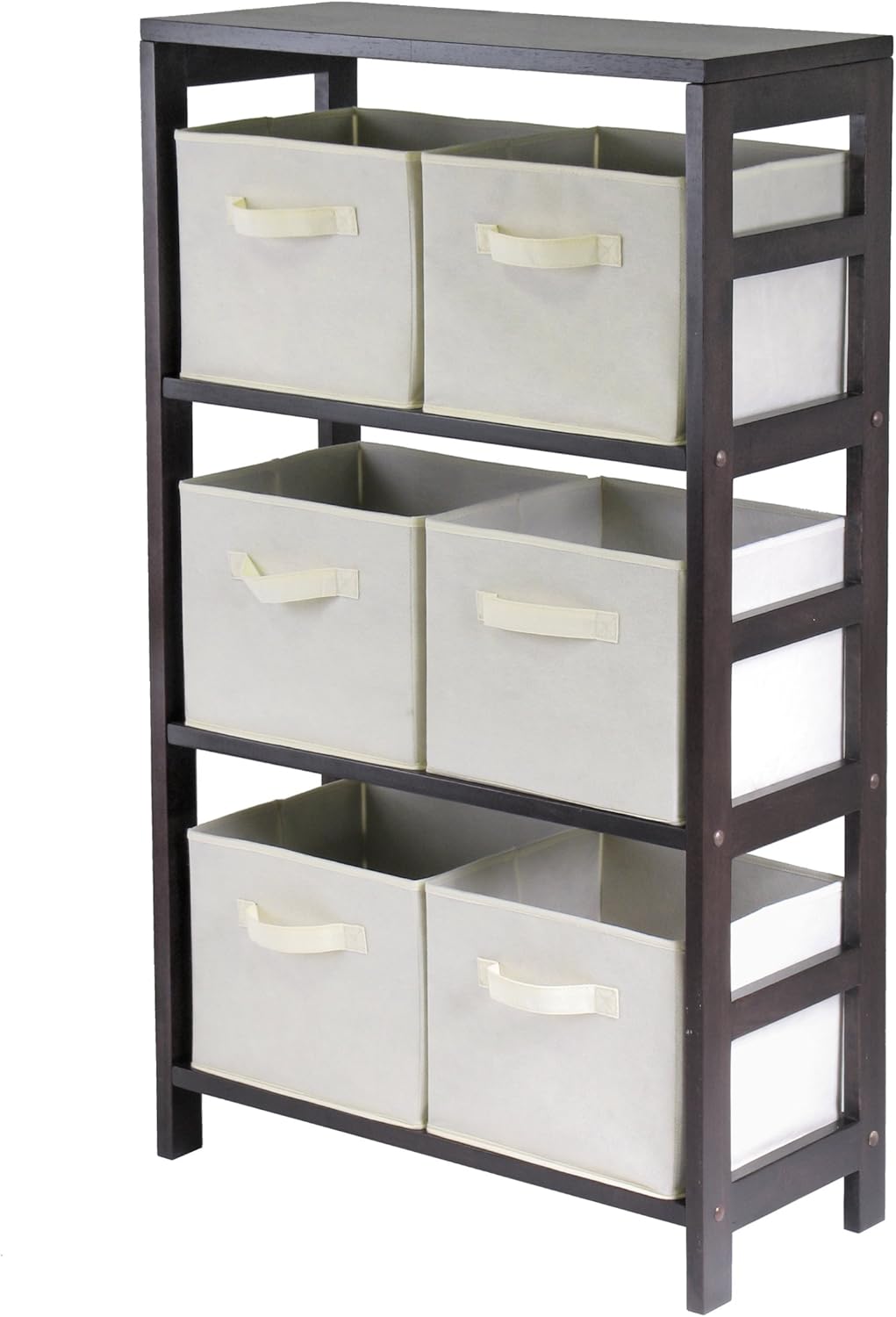 furniture with storage baskets on Amazon Com Three Shelf Wood Storage Cabinet W Espresso Finish 6 Baskets Furniture Decor