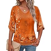Micoson Womens 3/4 Sleeve Tops V Neck Spring Summer Shirts Beach Vacation Clothes