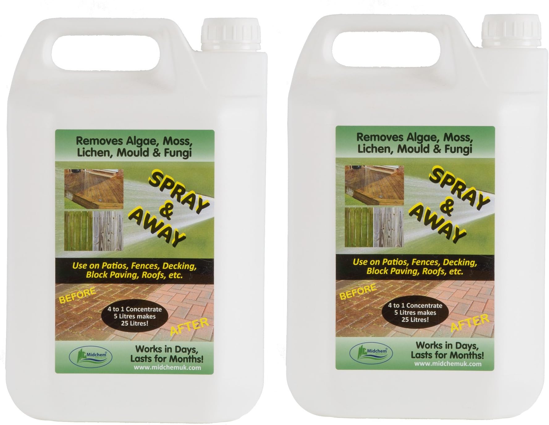 Midchem Speciality 2 x 5 L Mould Mildew Algae & Moss Killer Patio-Fencing-Driveway Path & Decking Cleaner