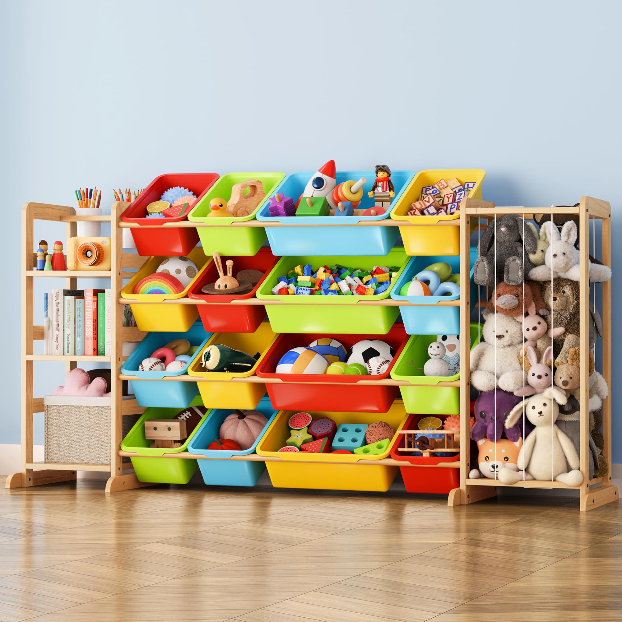 Storage Organizer with Bookshelf and Stuffed Animal Storage - Playroom Organization with Shelves and 12 Bins - Living Room Box for Lego - Nursery Bedroom Decor Essentials