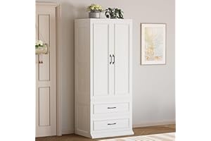 LIKIMIO Armoire Wardrobe Closet with 2 Doors and 2 Drawers 70" H x 28" W Wooden Bedroom Freestanding Wardrobe Combination for Hanging Clothes, White