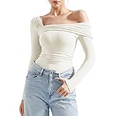 SUUKSESS Women One Off The Shoulder Trendy Casual Tops Ruched Long Sleeve Shirts