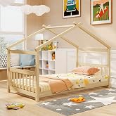 GIANTEX House Bed Twin, Solid Wood Kids House Bed with Roof, Headboard and Footboard, Low Floor Twin Bed Frame for Kids Teens Girls Boys, No Box Spring Needed, Natrual