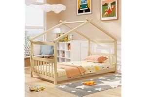 Giantex House Bed Twin, Solid Wood Kids House Bed with Roof, Headboard and Footboard, Low Floor Twin Bed Frame for Kids Teens Girls Boys, No Box Spring Needed, Natrual