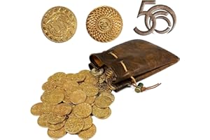 BYHOO 50 DND Fantasy Metal Gold Coins & Leather Pouch for Dungeons & Dragons Novelty Tabletop RPG Board Games Tokens Treasure Coins for Party Tablelap Games Accessories Addons Medieval Game