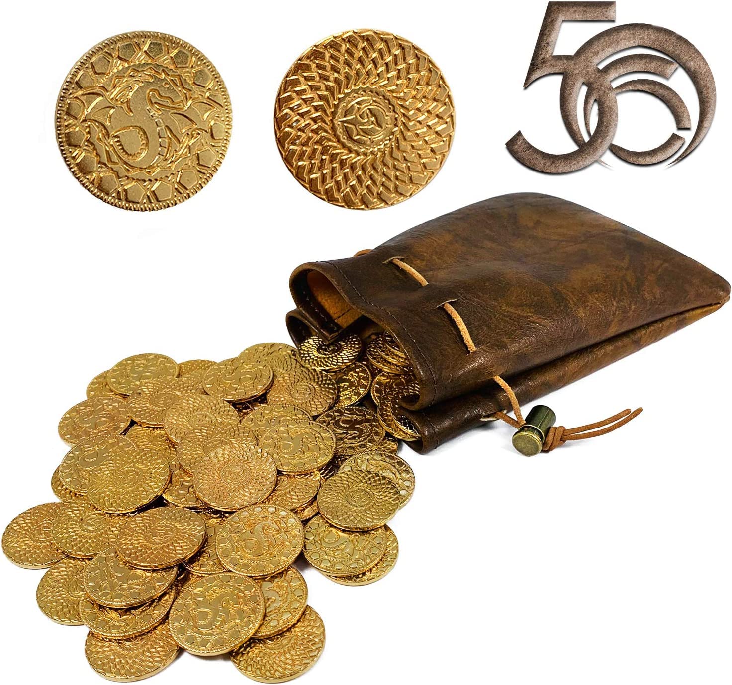 Byhoo 50 PCS DND Fantasy Metal Gold Coins & Leather Pouch for Dungeons & Dragons Novelty Tabletop RPG Board Games Tokens Treasure Coins for Party Tablelap Games Accessories Addons Medieval Game