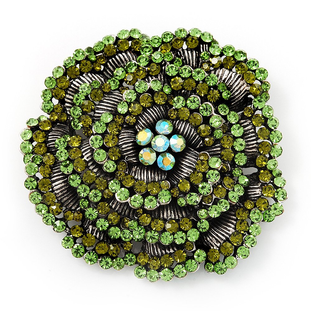 Spectacular Grass Green Dimensional Rose Brooch (Antique Silver Tone)