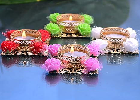 PinkCity Handicraft 4 Green Color Flower Design Metallic Diya Tea Light Candle Holder for Diwali Diya/Diyas/Diya for Pooja / (4) Candles (Multi Clour) 04 Candle Wax Free