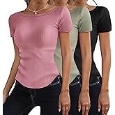 Riyiper 3 Pack Women Short Sleeve Ribbed Knit Slim Fitted T-Shirts Boat Neck Curved Hem Casual Tops Basic Tees Summer Trendy
