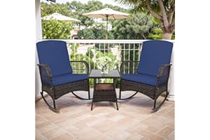 CHABATREE 3 pcs Rocking Bistro Set Conversation Chairs with Arm Rest, Cushion Availability PE Wicker Outdoor Rocking Chairs for Relaxing(Dark Blue)