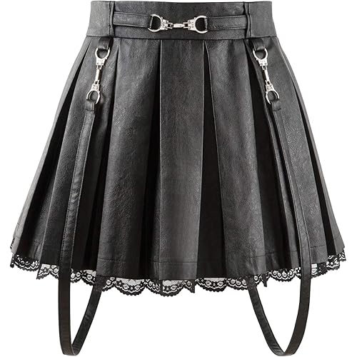 Littleforbig Women's A-Line Pleated Faux Leather Flared Casual Lace Trim Mini Skirts - Troublemaker