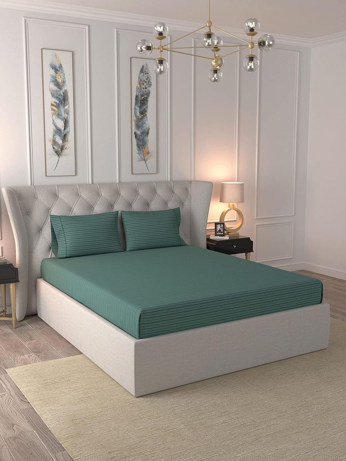Livonti Cotton Satin 600 TC Stripes Flat Bedsheet for Double Bed with 2