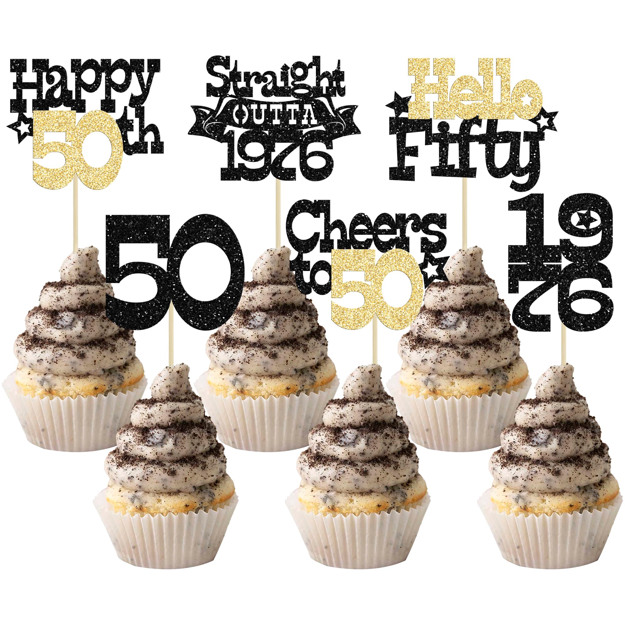 Ephlyn 30Pcs Straight Outta 1976 Cupcake Toppers Glitter Fifty Happy 50th Birthday Cupcake Picks Cheers to 50 Years Cake Decorations for Happy 50th Birthday Anniversary Party Supplies Black Gold — image 1