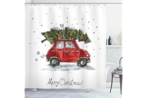 Ambesonne Christmas Shower Curtain, Retro Style Car Xmas Tree Vintage Family Style Illustration Snowy Winter Art Holiday, Cloth Fabric for Bathroom Decor Set with Hooks, 69" W x 70" L, Green Vermilion
