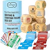 Garybank Writing Prompt Dice for Writers and Students to Get Inspiration | 9 Dice, Wooden Made, 13 Writing Skill Cards, 100 Character Cards, 100 Event Cards, Millions of Variations, Gifts for Writers