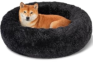 Kimpets Dog Bed Calming Beds for Small Medium Large Dogs - Round Donut Washable Puppy Dog Bed, Anti-Slip Faux Fur Fluffy Donut Cuddle Anxiety Cat Pet Bed(32'' Black)