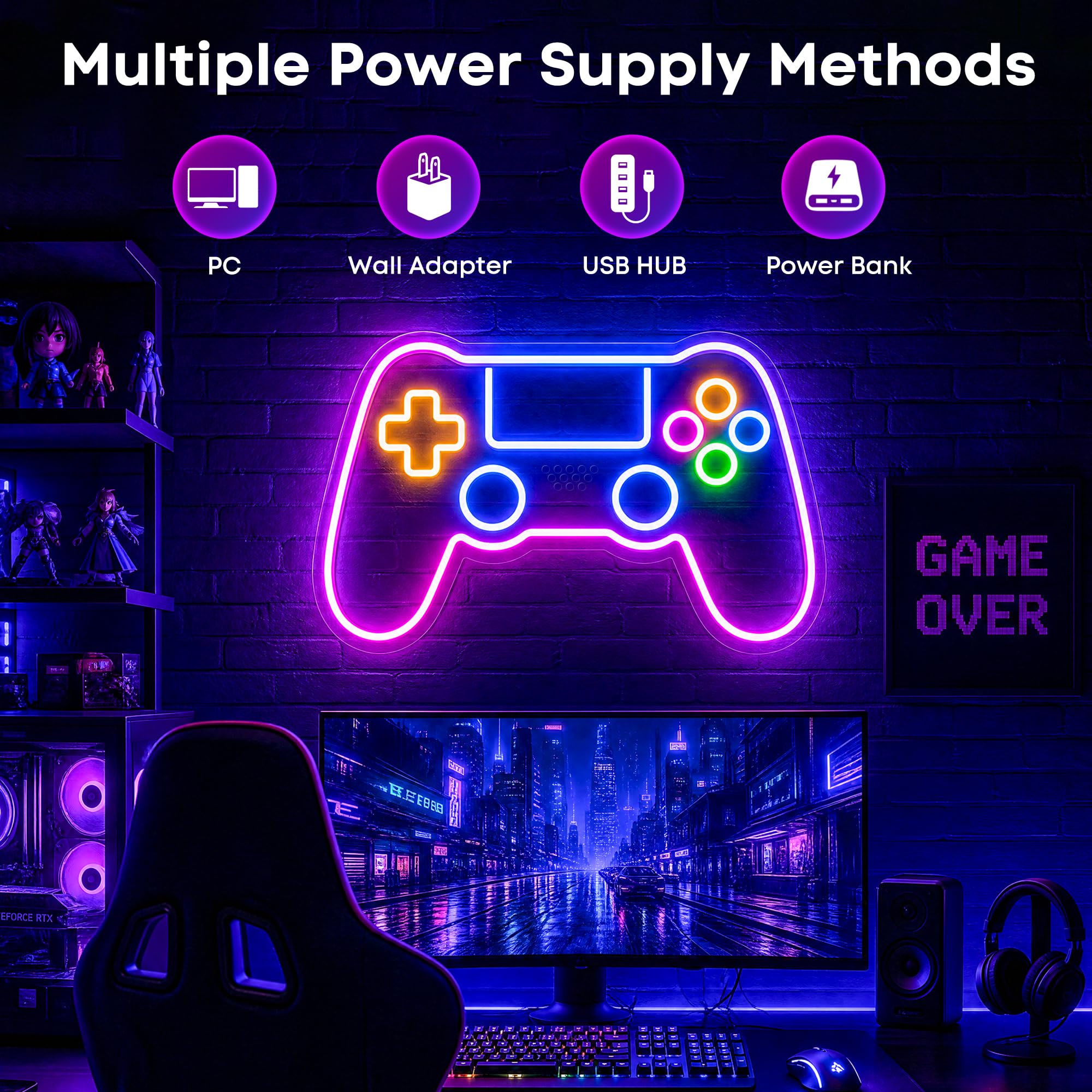 Neon Schild für Gaming Zimmer Dekoration mit 10 Lichtern, Neon Schild Gaming Zubehör für Raumdekoration, Gamepad Licht Schild für Schlafzimmer-Wand 6