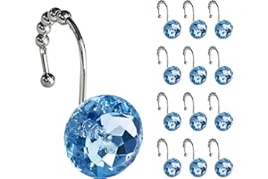 Sunlit Luxury Design Round Blue Diamond Crystal Gem Bling with Glide Balls Shower Curtain Hooks, Rust Proof Metal Rhinestones