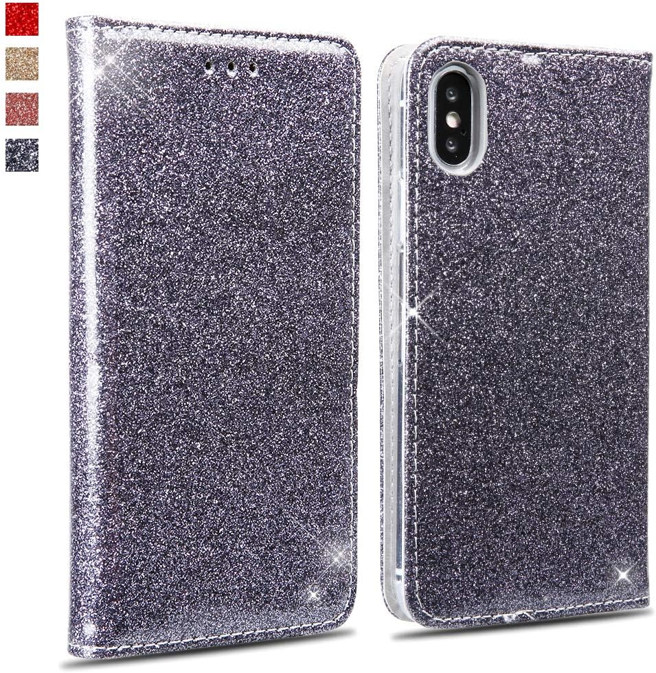 OKZone Case for iPhone XS Max Case glitter, Bling Glitter Sparkly PU Leather Flip Wallet [Card Slot] [Stand Function] [Magnetic Closure] [Inner Soft TPU] Folio Case For iPhone XS Max (Silver)