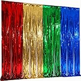 4Packs Red Blue Green Yellow Foil Fringe Curtains, Super Wide Birthday Backdrops Metallic Streamers, House Party Backdrop Tinsel for Banner Balloons-Each Pack3.3 x 6.5 ft