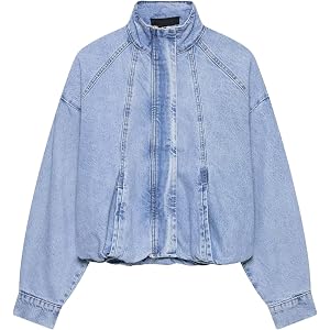 Chevara Women’s Cropped Denim Bomber Jacket Casual Light Wash Stand Collar Long Sleeve Zip Up Oversized Jean Jacket