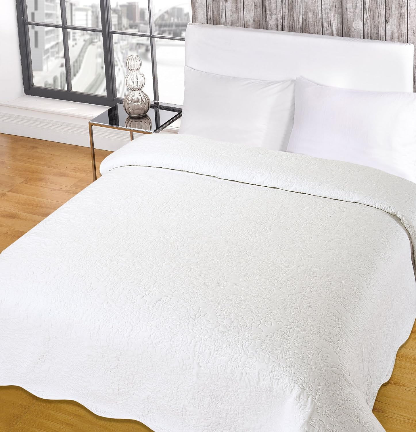 Highams Embroidered Bedspread Quilted Comforter Blanket Throw White