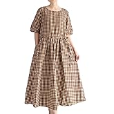 Minibee Women's Cotton Linen Dress Summer Short Sleeve Casual Plaid Flowy A-Line Midi Dresses with Pockets
