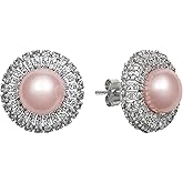 Belacqua Pink Cultured Freshwater Button Pearl and Cubic Zirconia Halo Stud Earrings in Sterling Silver, Real Pearl Jewelry for Women, Gift Box Included
