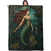 WKEDIN Stained Glass Mermaid Blanket,50x60in,Cozy Flannel Throw with Underwater Ocean Seahorse Turtle Design,Soft Lightweight Gifts Blankets for Kids,Sofa Bed Travel Living Room Decor
