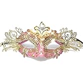 STORM BUY] Lady/Women/Girls Luxury Shiny Rhinestone Venetian Masquerade Mask Halloween Cosplay Prom Ball Party For Adult (Pink & Gold)