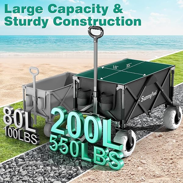 SUNNYFEEL 330LBS WAGONS CARTS FOLDABLE WITH EXTENDED TAILGATE,HEAVY DUTY COLLAPSIBLE FOLDING WAGON CARTS WITH WHEELS,LIGHTWEIGHT FOLD UP WAGON CART FOR OUTDOOR CAMPING BEACH GARDEN GROCERY(BLUE)