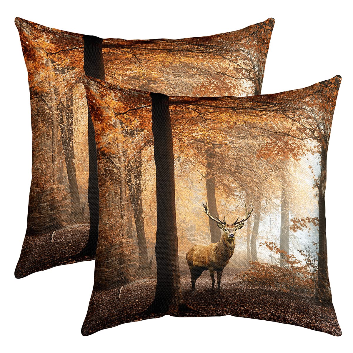 Loussiesd Forest Deer Cushion Cover Brown Moose Cushion 55x55cm for Sofa Nature Forest Animal Motif Set of 2 Cushion Covers Deer Cushion Cover Microfiber Sofa Cushion Couch Pillow — image 1