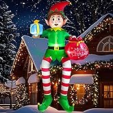 CORALMEE 10FT Christmas Inflatable Outdoor Decoration, Sitting Elf Inflatable Christmas Blow up Yard Decorations with LED Lights, Elf Outdoor Decoration for Garden Lawn Roof