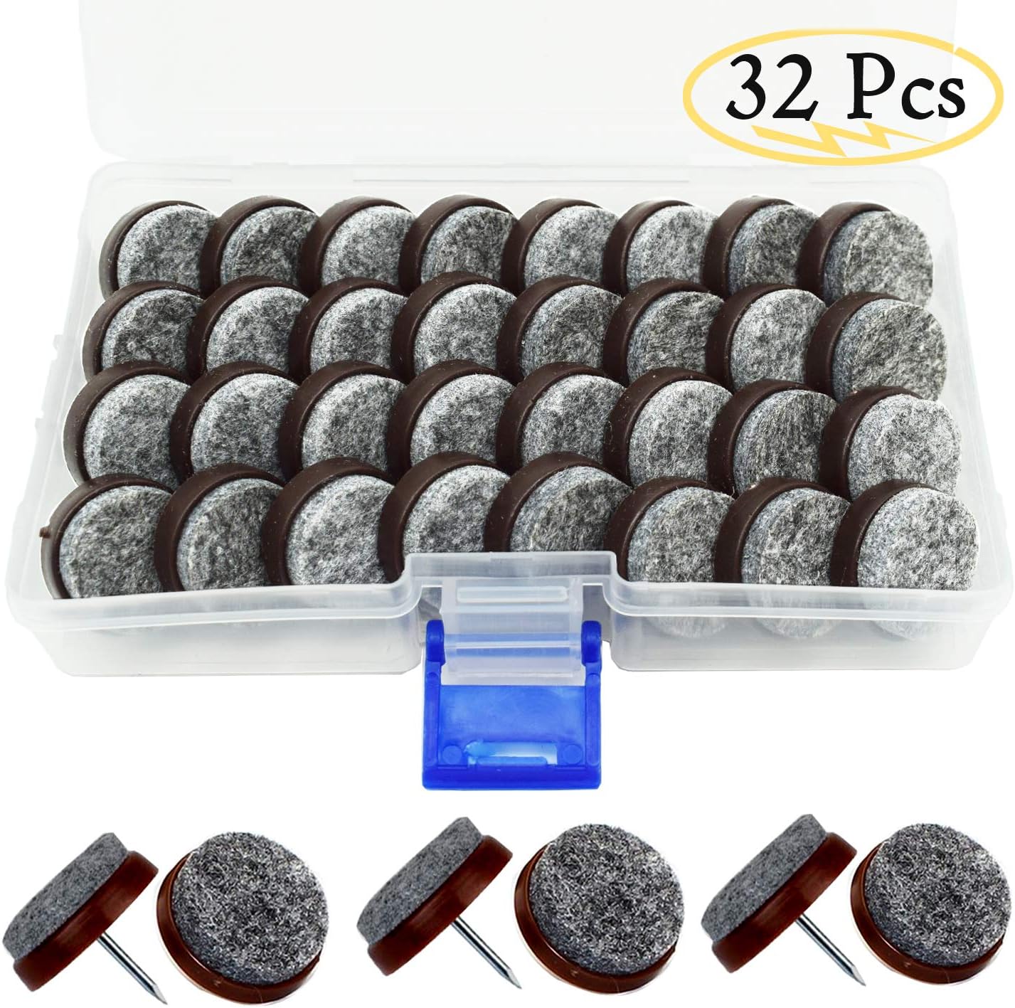 Furniture Felt Pad Nails, 32 Pieces 24 mm Premium Nail-on Slider Glide Pad Floor Protector for Wooden Furniture Chair Tables Leg Feet, with Storage Box, Brown