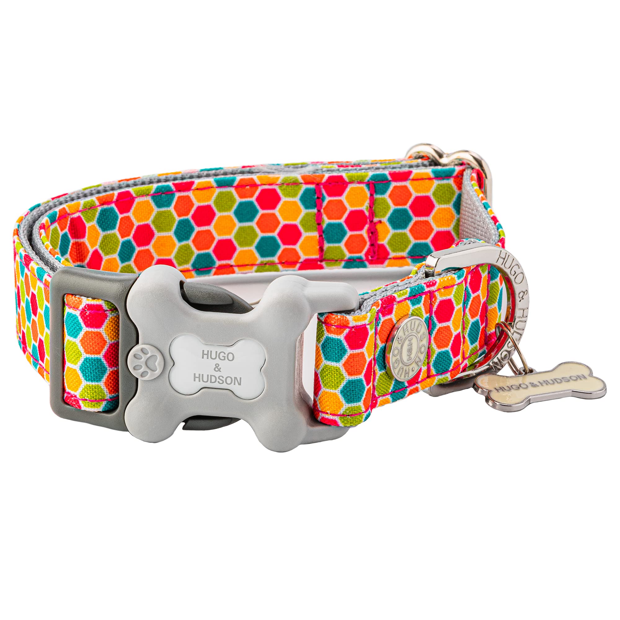 HUGO & HUDSON Nylon Dog Collar with Quick Release Safety Buckle, Multi-colour Geometric, L