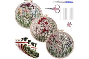 MEIYUETAOSI Embroidery Kit for Beginners Adults, 3 Pack Flower Patterns Cross Stitch Craft Kit with Hoop, Needles, Threads, D