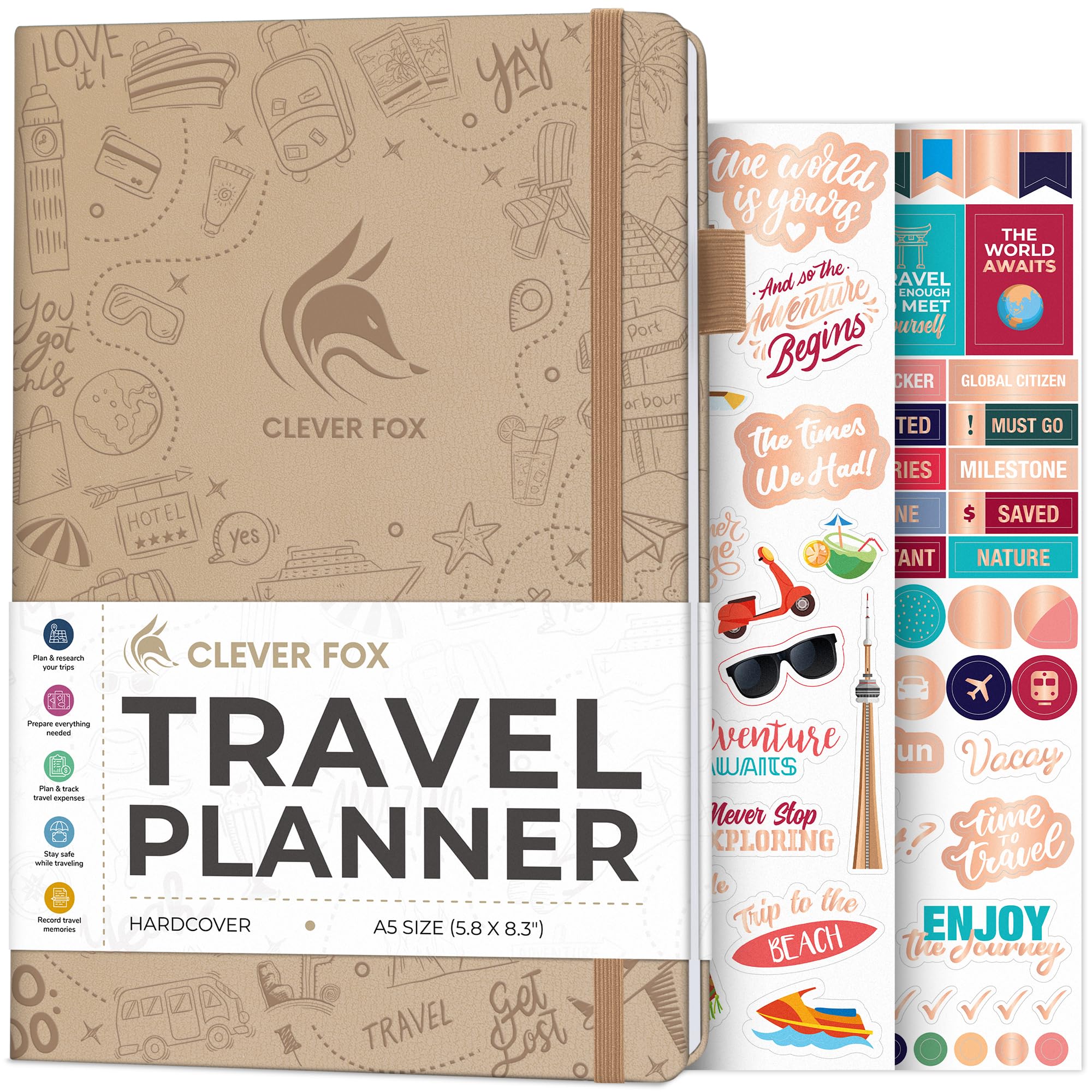 Clever Fox Travel Journal – Vacation Planner with Budget Plan, Packing List, Expense Tracker & Trip Journal – Travelling Itinerary Organizer for Women, Men & Couples – A5 Size, Sandstone