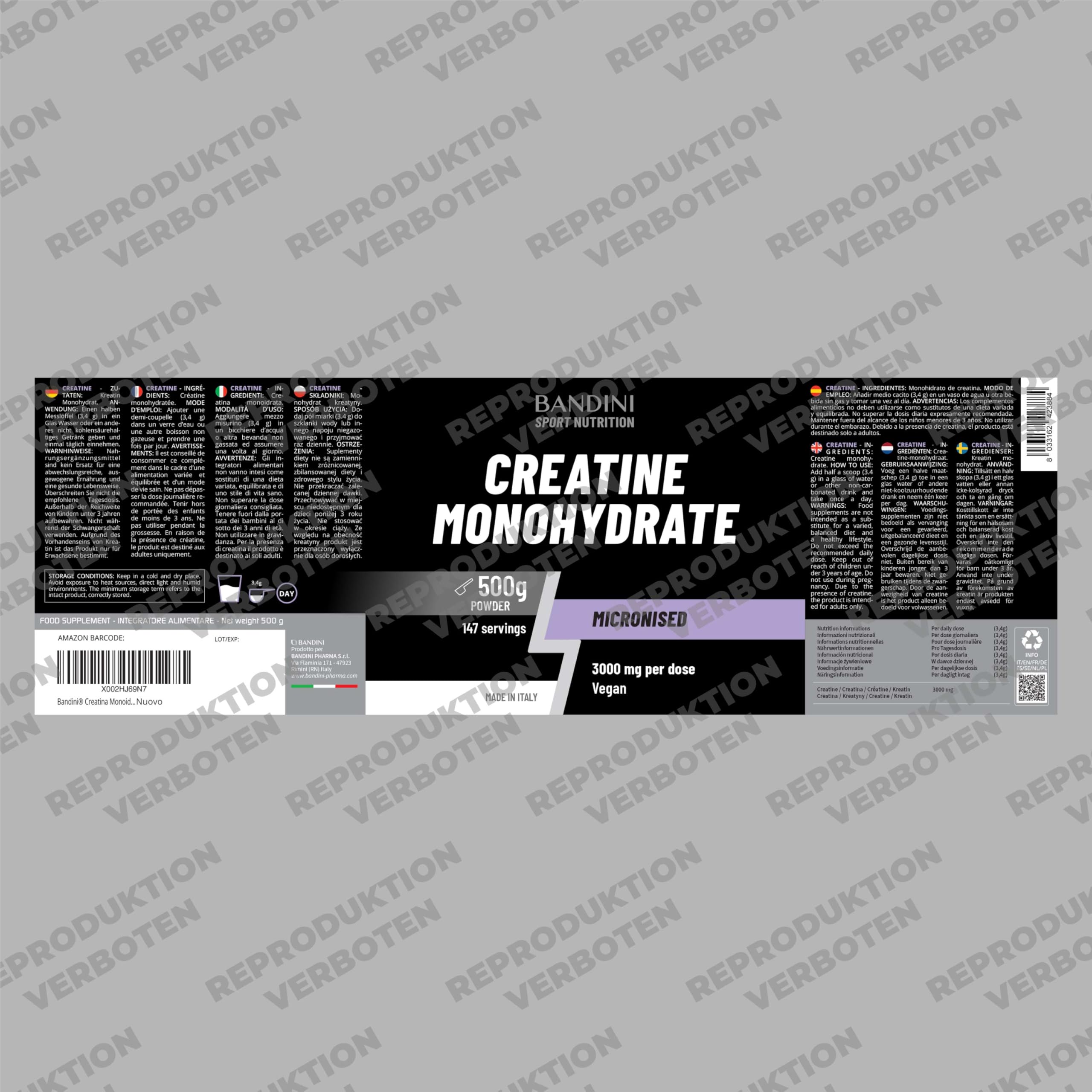 Bandini® Creatin Monohydrat 500g Pulver, ultrafein und perfekt löslich - Reines Kreatin optimal hochdosiert - Ideal für Fitness, Training & Gym – 147 Portionen - Creatine Monohydrate Powder 100% vegan 5