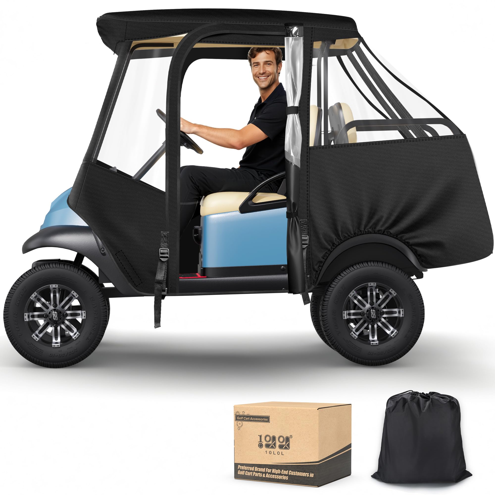 Photo 1 of 10L0L Golf Cart 4 Passenger Enclosure for Club Car Precedent Short Roof 57.5" Deluxe 600D Golf Cart Heavy Duty Rain Cover with 4 Zipped Doors Clear PVC Windows (Black)