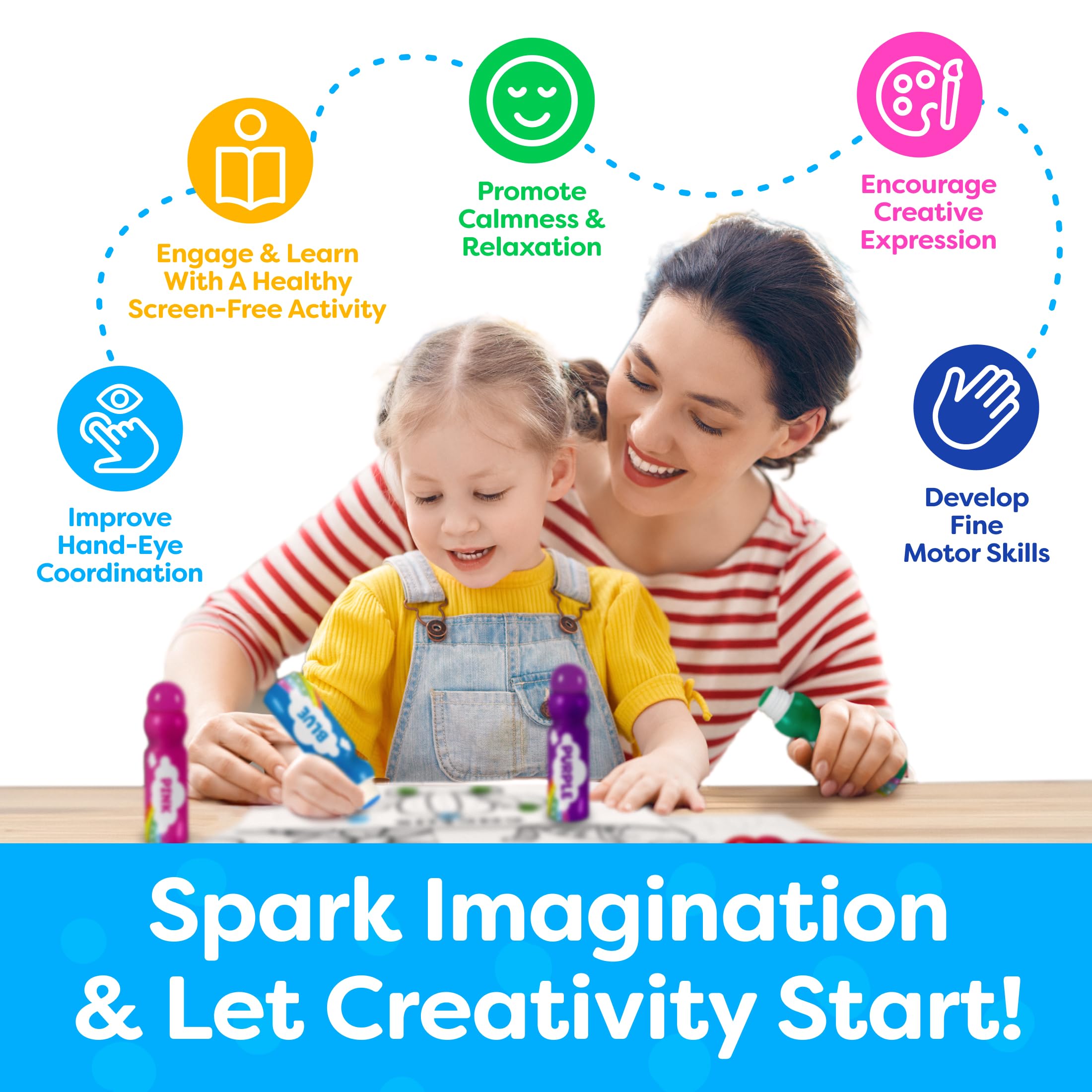 Dot Markers For Toddlers 1-3 - Dot Art Paints Washable For Kids - With Printed & PDF Coloring Sheets - Toddler Arts And Crafts for Kids Ages 2-4, 2 Year Olds, Toddler - Back To School Supplies