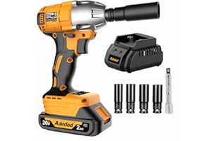 Adedad 1/2 Power Impact Wrench 400N.m/ 300ft-lbs Impact Gun Cordless Electric Impact Driver with Battery and Charger include 17/19/20/21mm Sockets and 5 inch Extension Rod