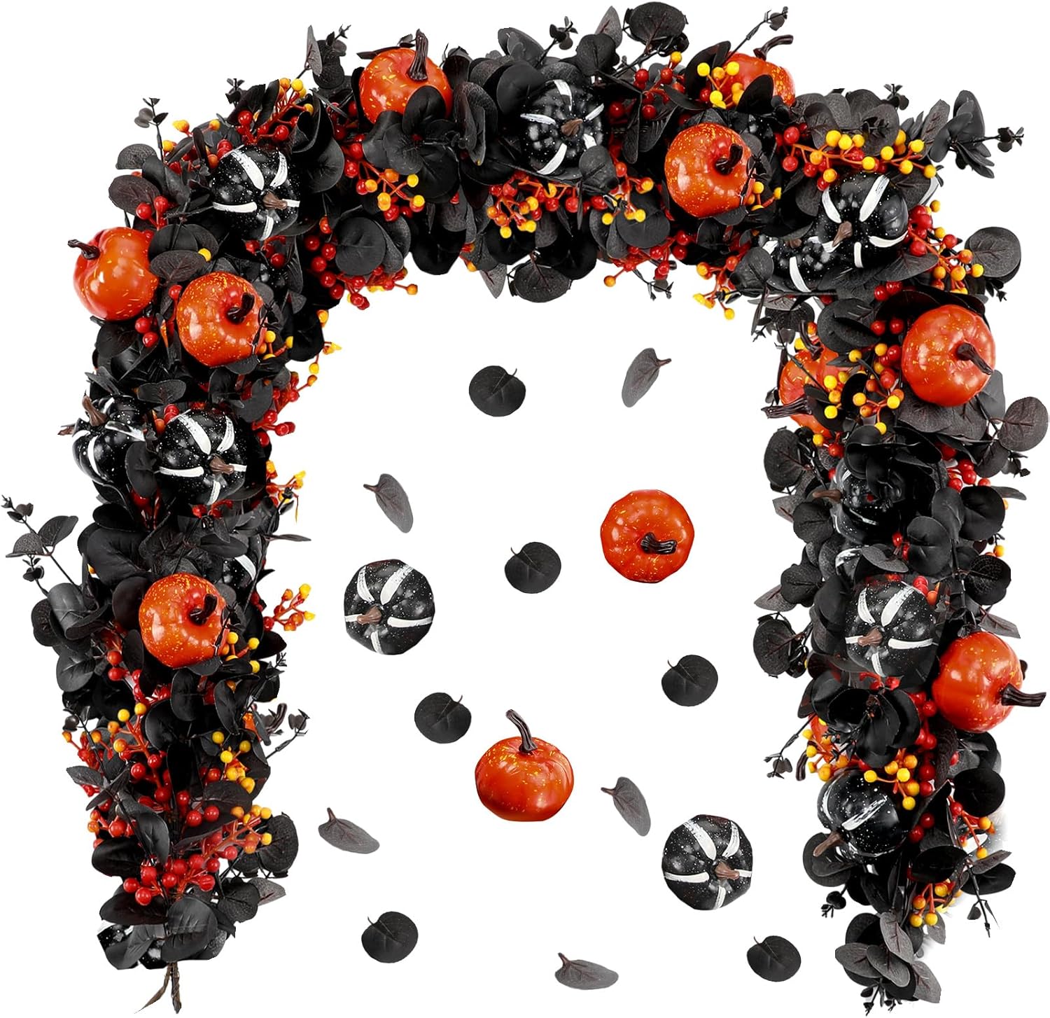 Wreaths, Garlands & Swags - Tatuo Fall Decor Black Pumpkin Garland Black Decorations Halloween Garland Artificial Eucalyptus Garland with Orange Pumpkins Berries Autumn Leaf Vines Table Decoration for Thanksgiving Wedding