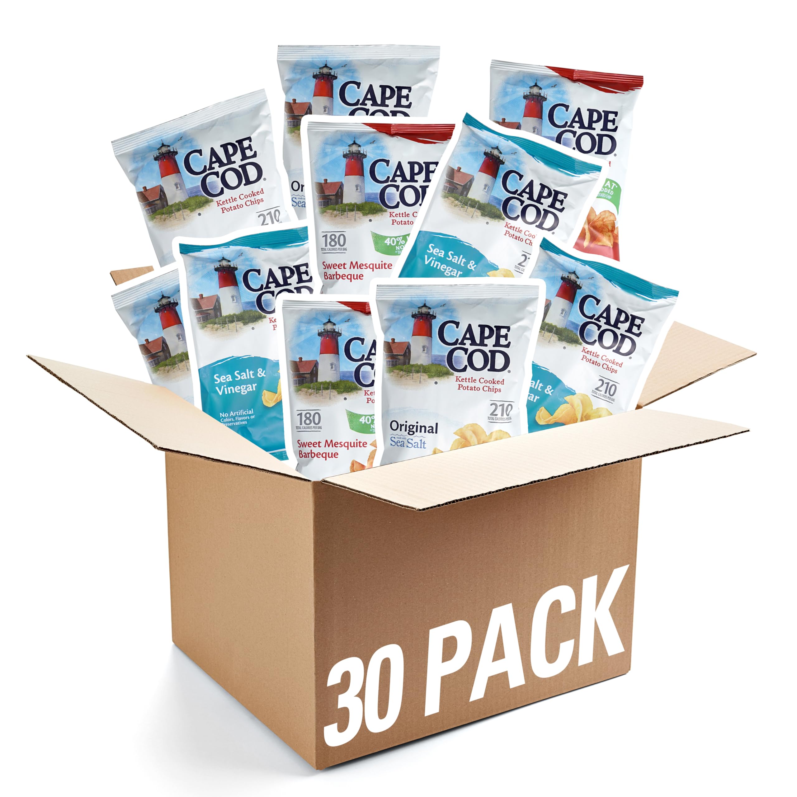 Photo 1 of Assorted Cape Cod Variety Pack, 30 Pack, Original Sea Salt, Mesquite Barbecue, Sea Salt and Vinegar Chips, 10 Of Each Flavor