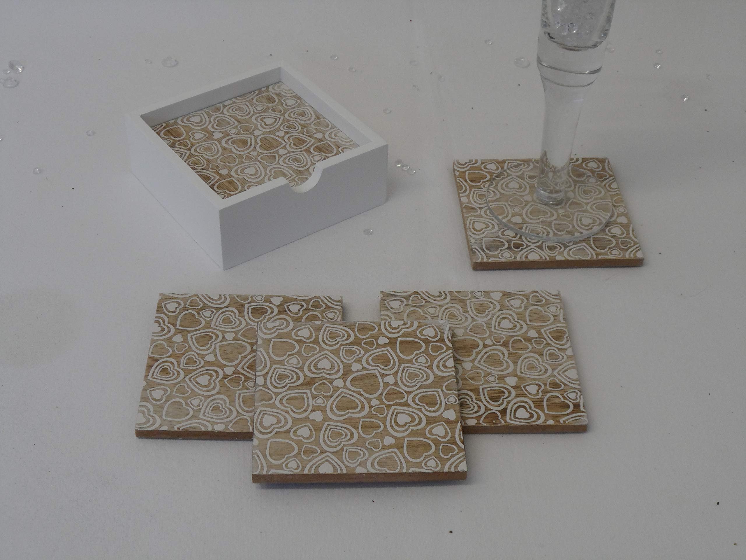 Set of 4 Square Wood & White Heart Coasters with Holder
