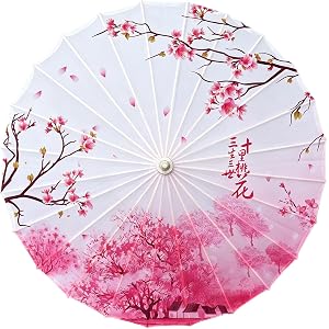 Handmade Traditional Chinese Silk Parasol Umbrella - 3-Generation Heritage Asian Bamboo Handle Japanese Umbrella with Tassel